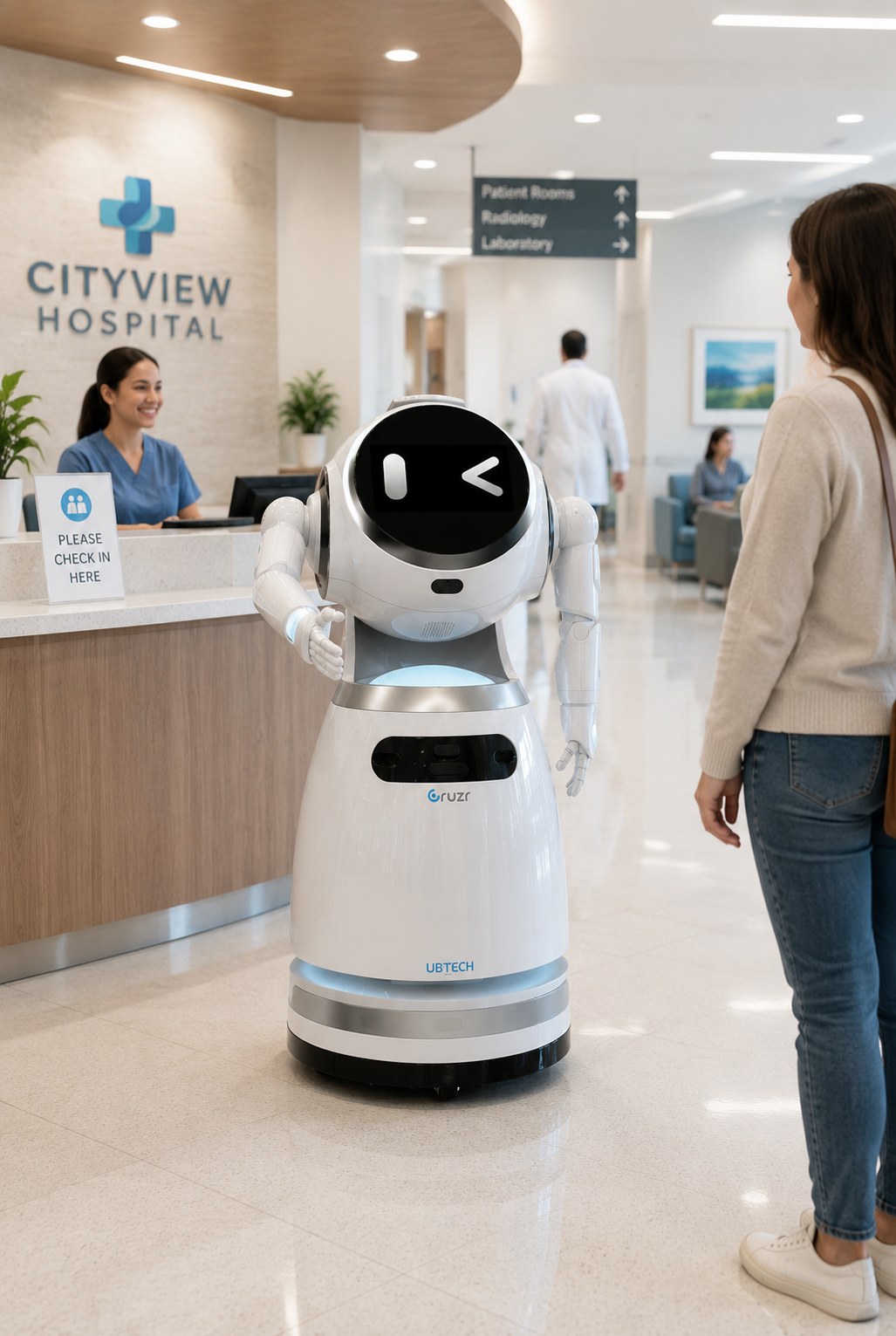Robot assistant at hospital reception greeting a patient